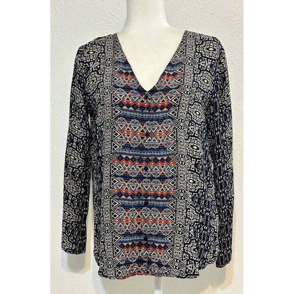Anthropologie Tolani Women Size S Silk Geometric Tunic Blouse Boho Patchwork - Picture 1 of 10